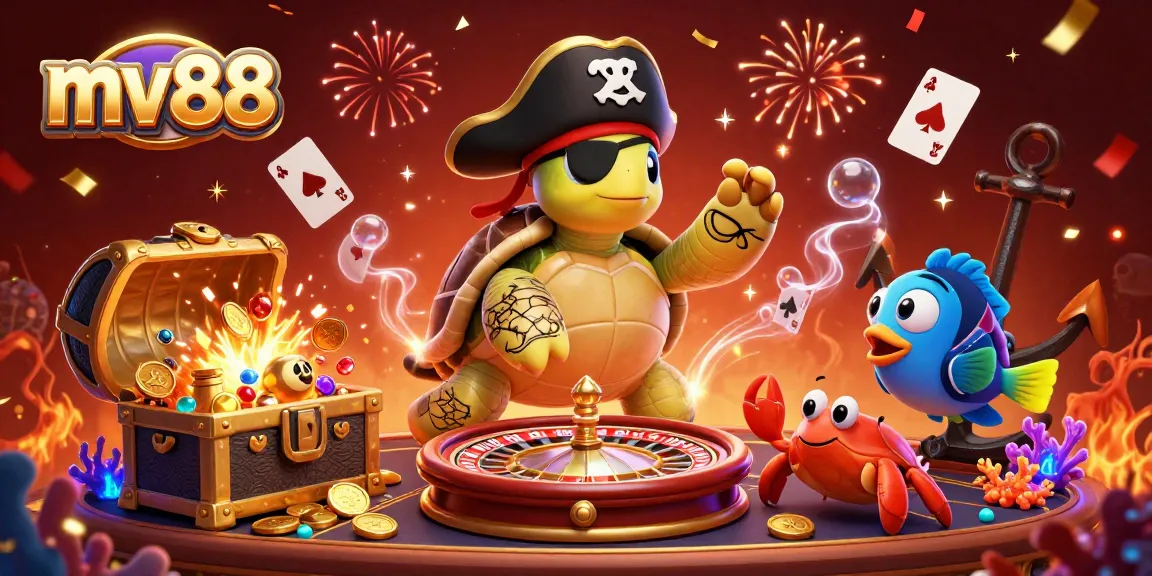 Engage in exciting MV88 gambling adventures with a vibrant scene of pirate turtle and gold elements.