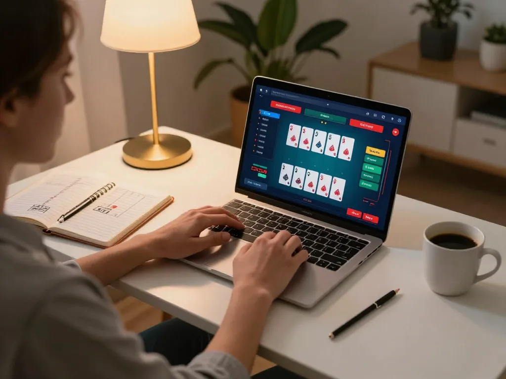 Engaging in O8 SOCIAL gaming on a laptop with strategic betting notes during a cozy session