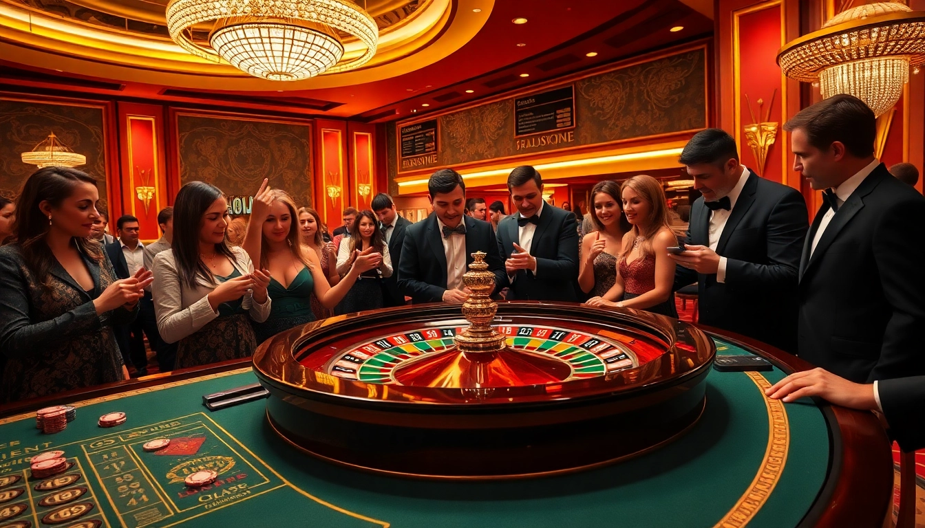 Exciting gambling scene at MM88 with roulette wheel and enthusiastic players.