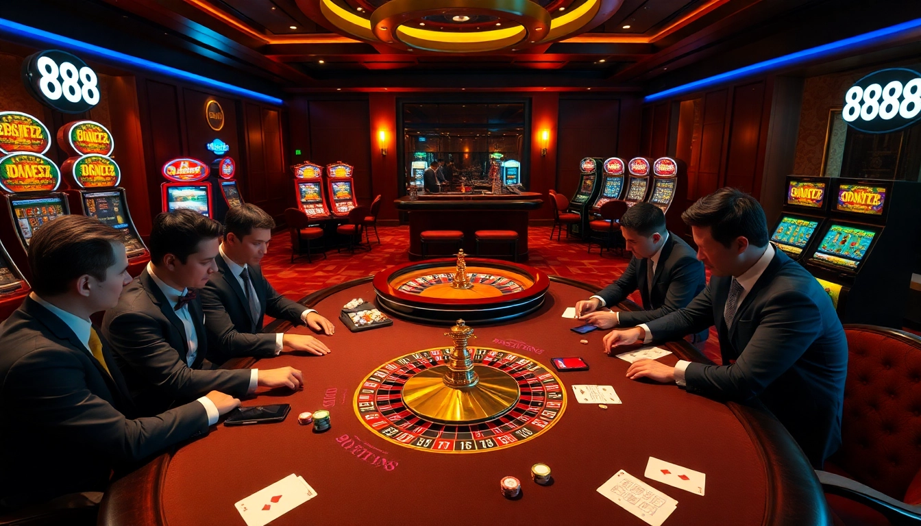 Players enjoying a thrilling game at 888new casino, featuring poker, roulette, and slot machines.