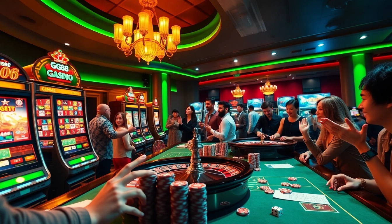 Exciting casino atmosphere with GG88-themed gaming table and players enjoying high-stakes gambling.
