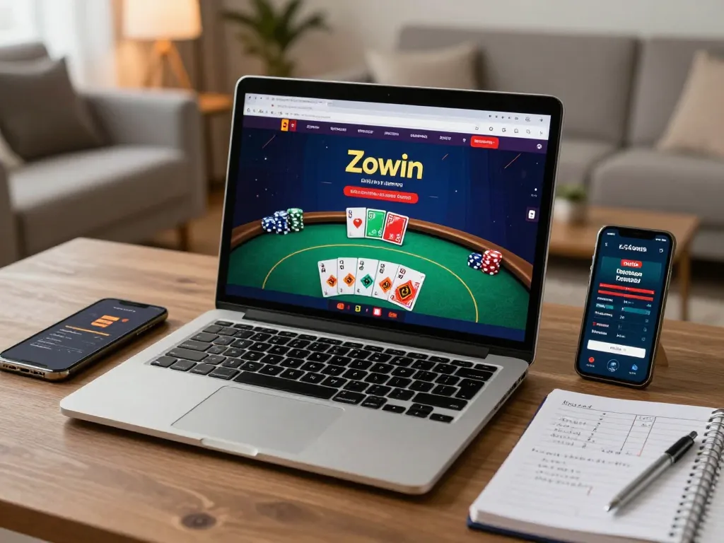Zowin online casino poker game in a stylish home office setup
