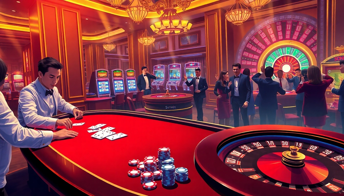 Sunwin-themed lively casino table showcasing poker chips, cards, and roulette wheel for thrilling gameplay.