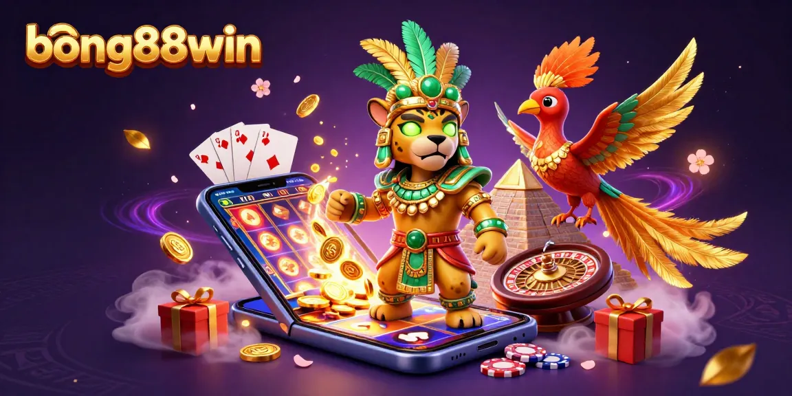Bets soar in excitement at bong88win, featuring colorful slots exploding with winning coins and 3D casino characters.