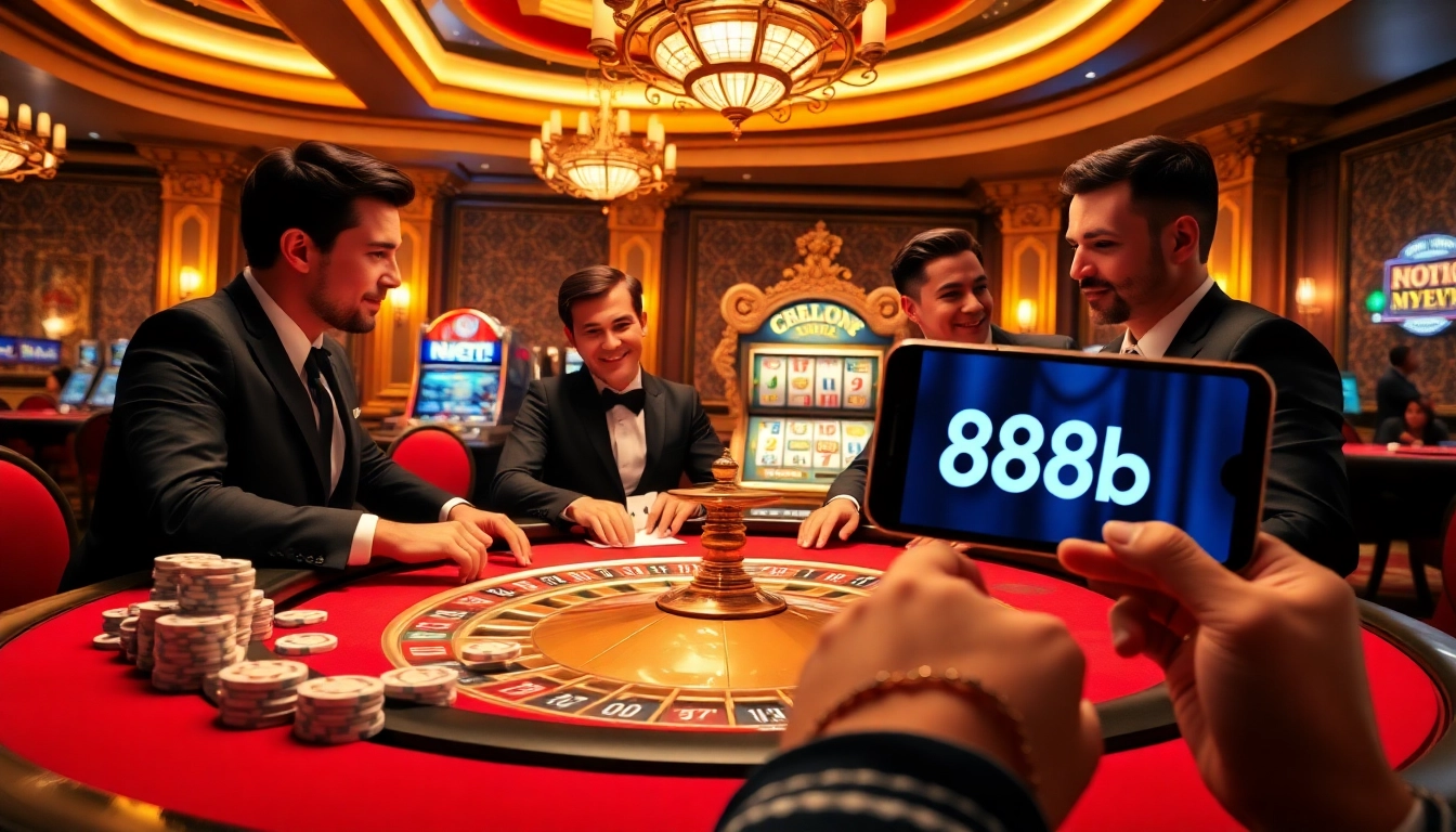 Excited players enjoying 888b at a luxurious casino table with vibrant decor.