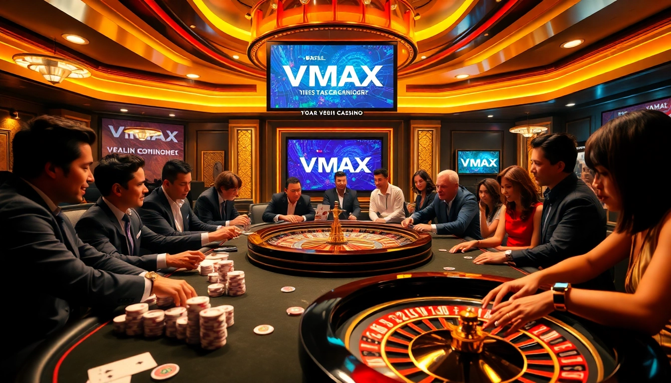 Experience high-stakes gaming at VMAX's luxurious casino tables with vibrant lighting and rich decor.