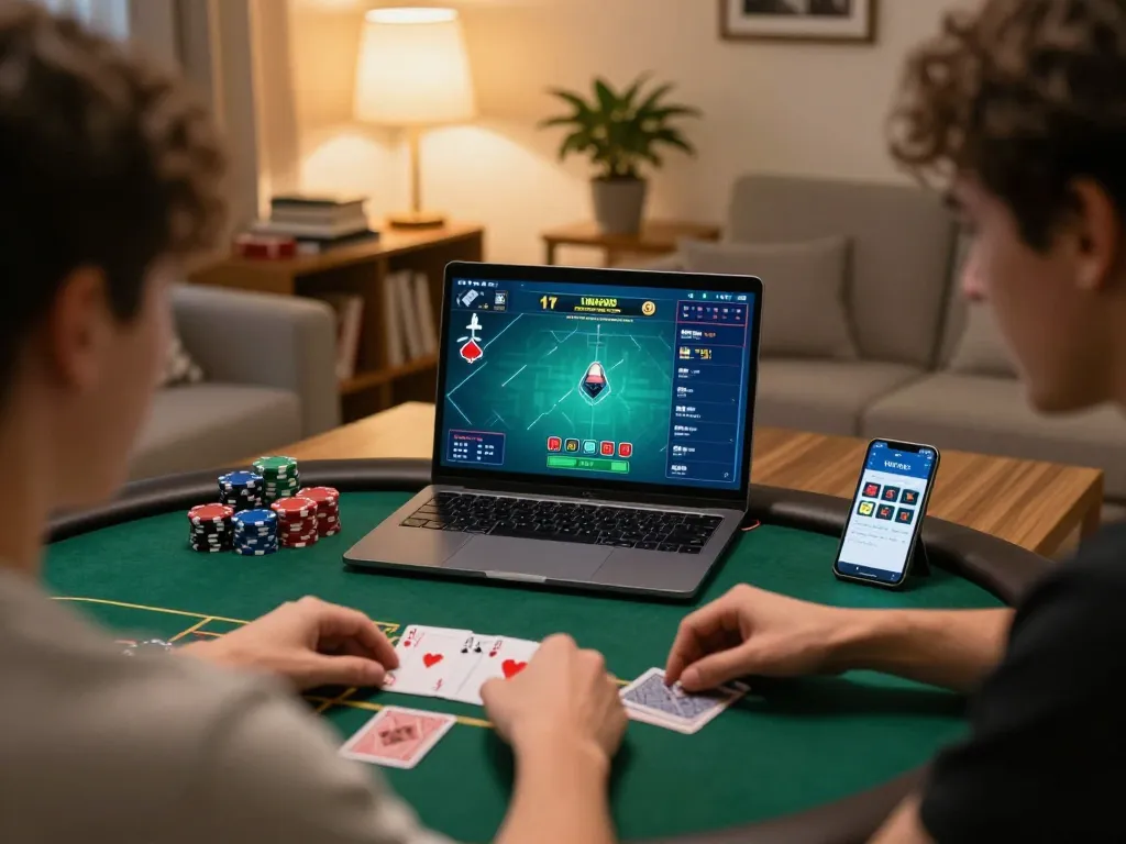 Engaging in a poker game with link w88 displayed on the screen, showcasing a cozy online gambling setup