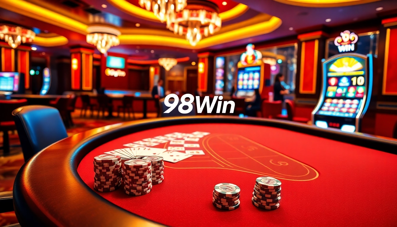 Experience the thrill of 98Win with an exciting baccarat table featuring vibrant poker chips.