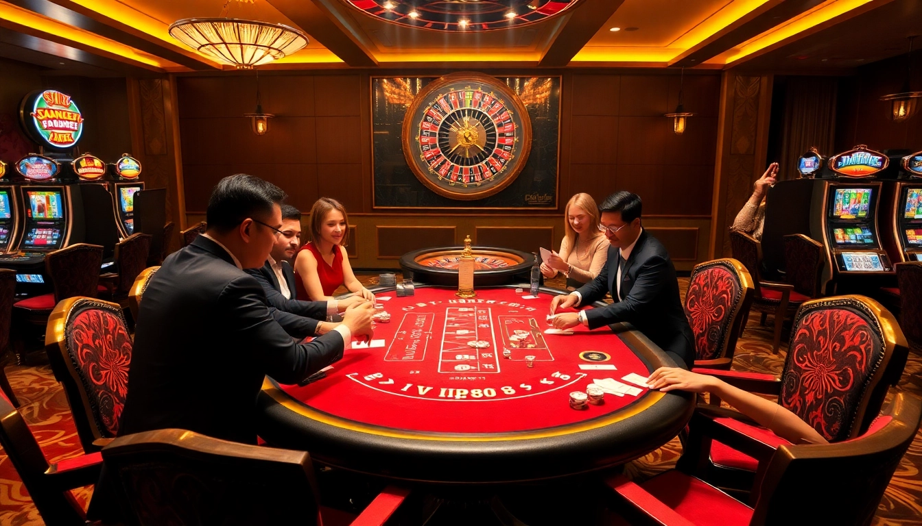 Vip88 gaming scene with excited players at a high-stakes casino table.