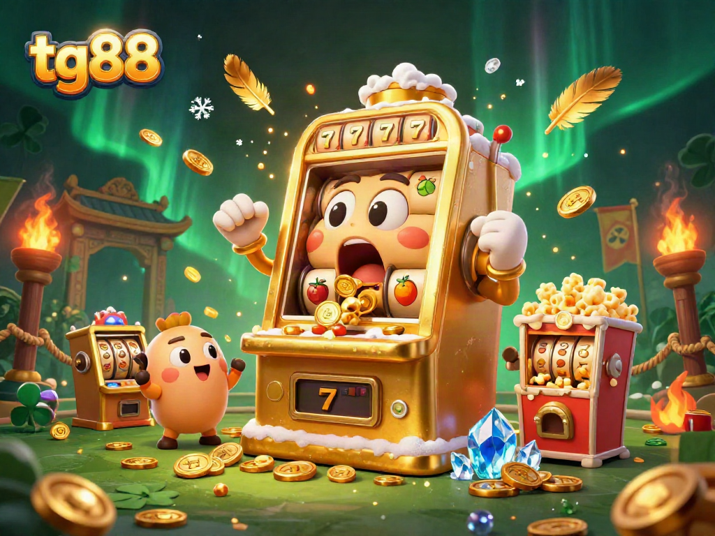 Tg88 slot machine celebrates jackpot wins in a vibrant casino scene filled with excitement.