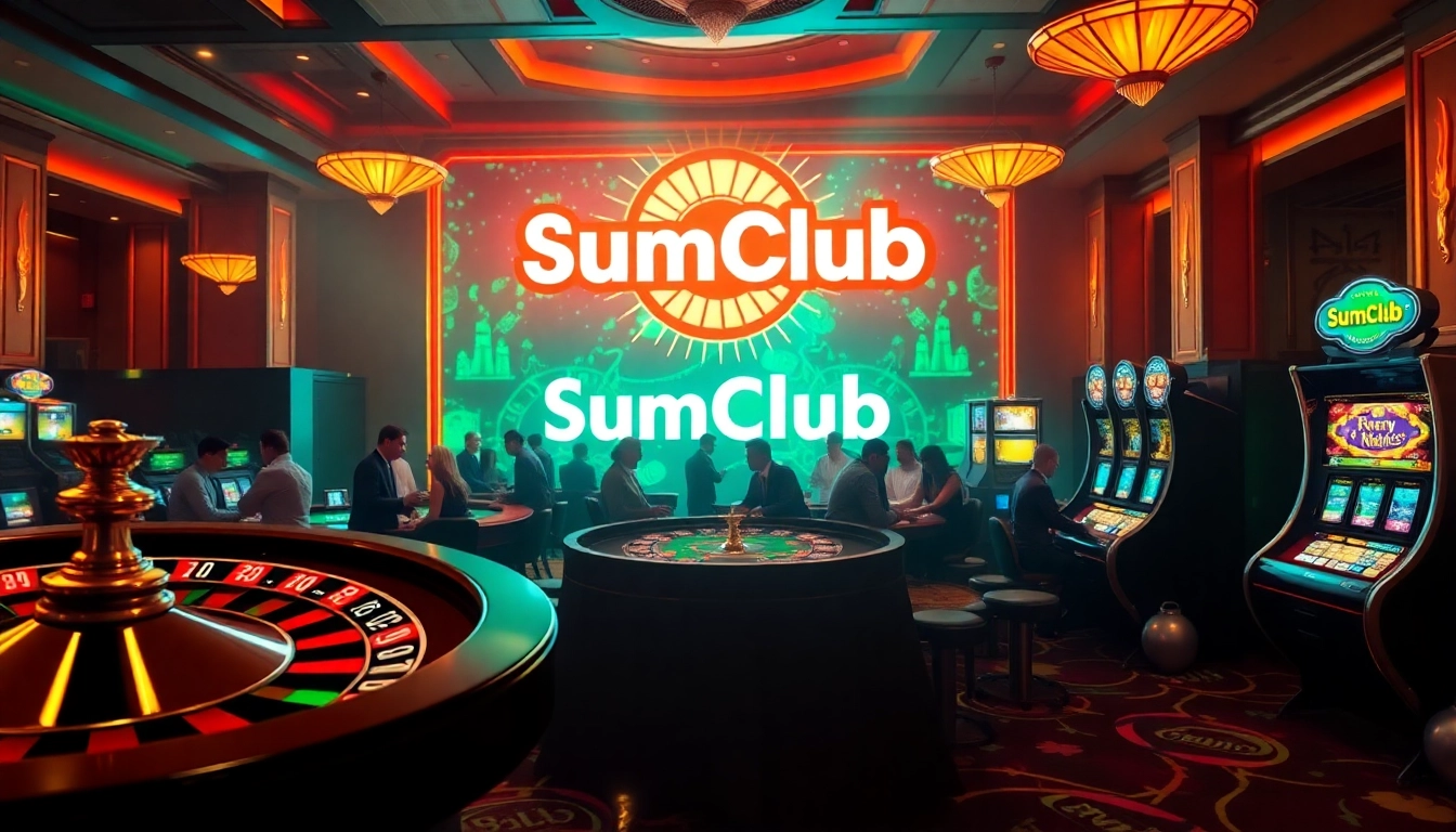 SumClub casino scene with excited gamblers at roulette and poker tables, creating an electrifying atmosphere.