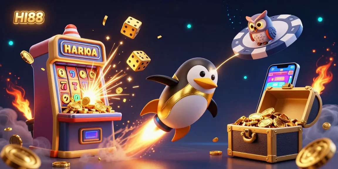 Experience HI88's thrilling adventure, with a rocket-powered penguin amidst vibrant casino elements.