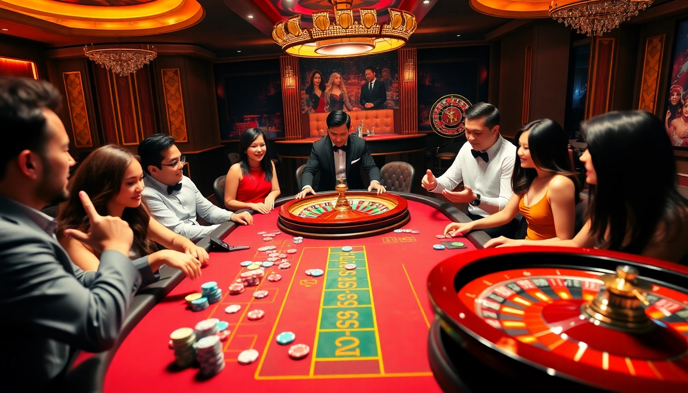 Engaged players enjoying HZ88 casino games at a vibrant poker table with colorful chips.