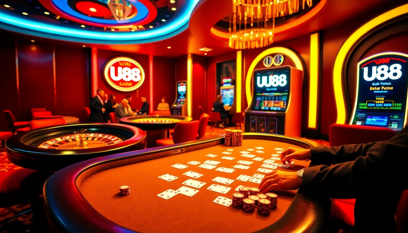Exciting casino scene with poker chips and UU88 logo on a stylish poker table.