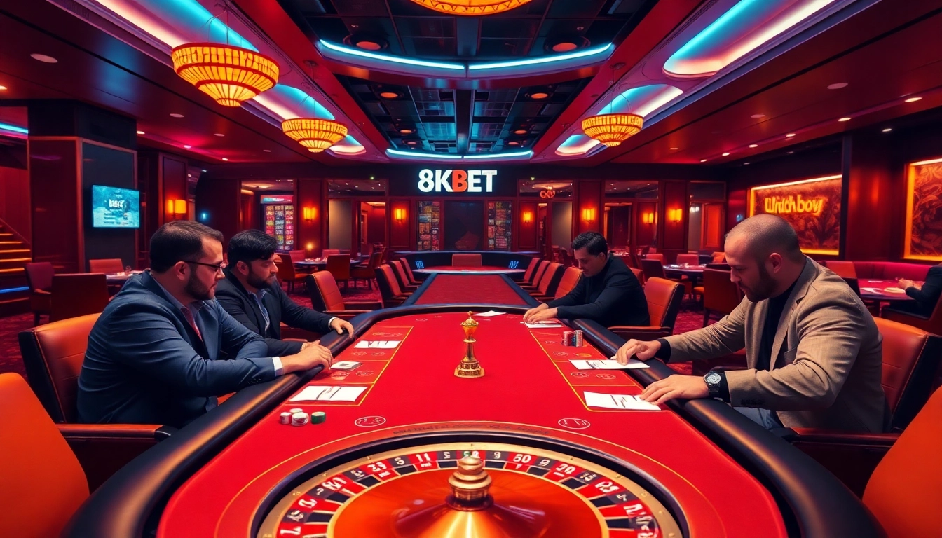 Betting excitement at 8KBET TOP with professional poker players in a luxurious casino scene.