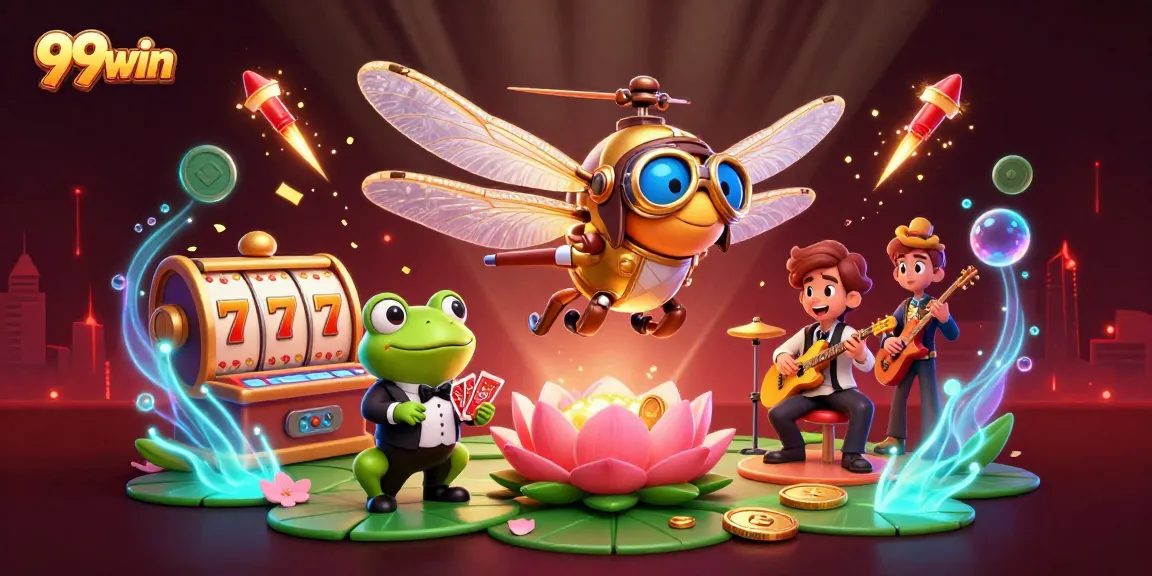 Experience thrilling gameplay with 99win in a vibrant casino scene featuring a dragonfly pilot and frog croupier.