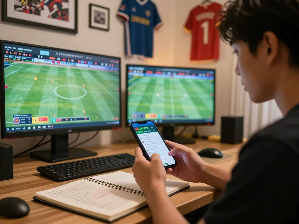 Person analyzing ty le keo nha cai in a modern home office setting while placing sports bets.