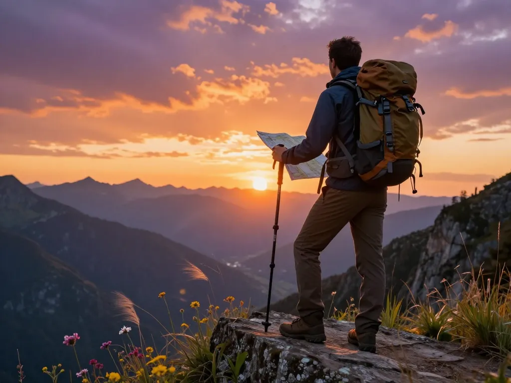 A hiker at a mountain viewpoint during sunset, representing adventure and outdoor exploration on https://c168.date/.
