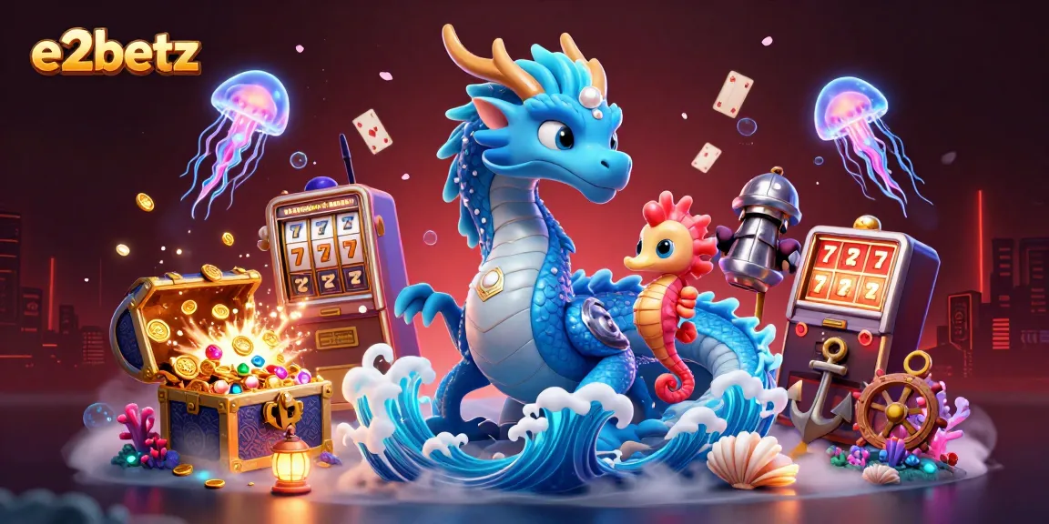 Experience the thrilling underwater adventure of e2betz with a dragon and seahorse knight amidst treasures and slot machines.