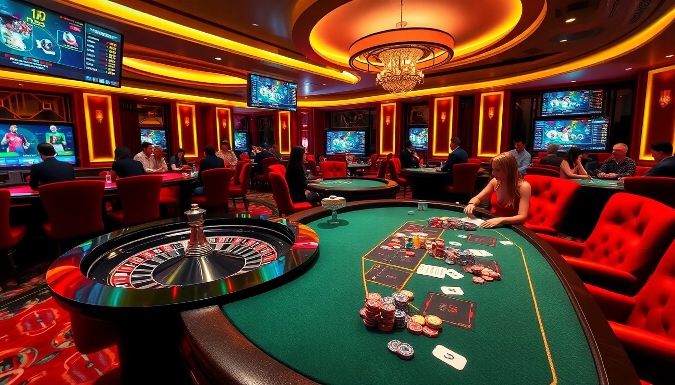 Engaging casino scene showcasing NK88 with roulette, poker, and vibrant players.
