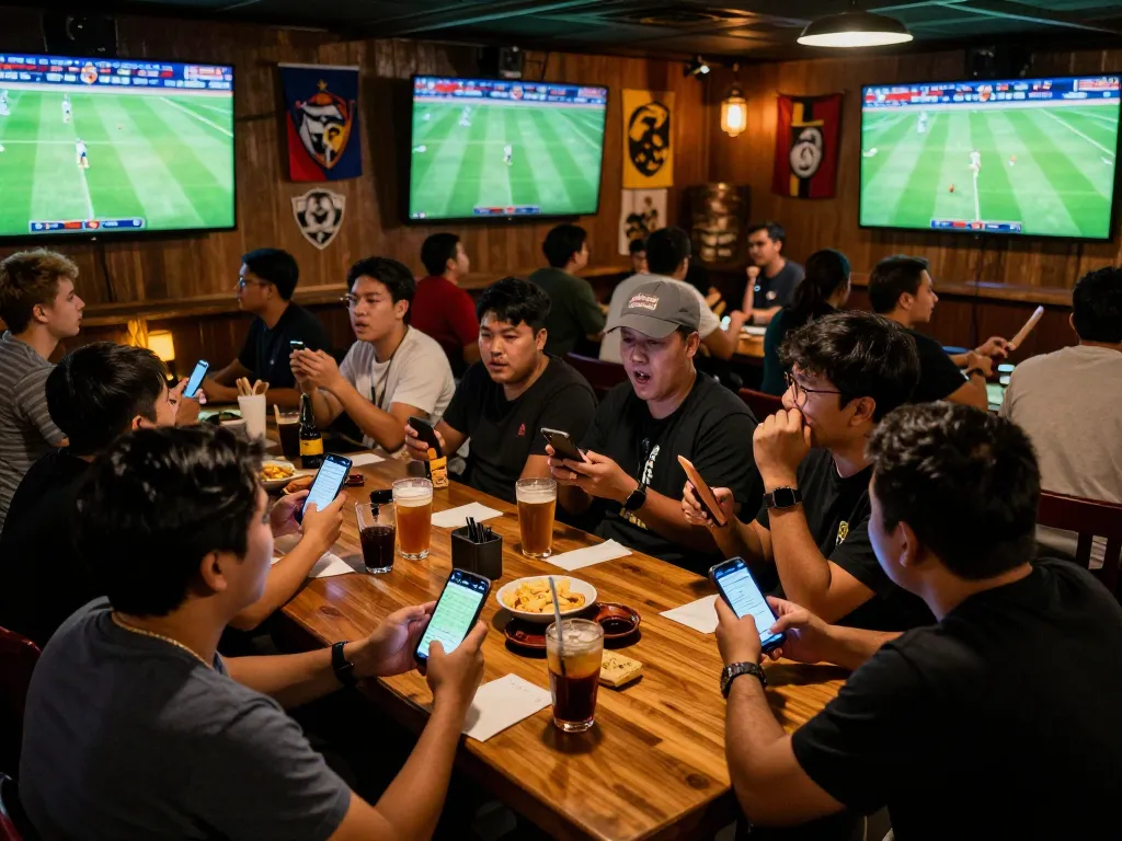 Fans actively engaging in sports betting at keonhacai5 while watching a live football match in a vibrant setting.