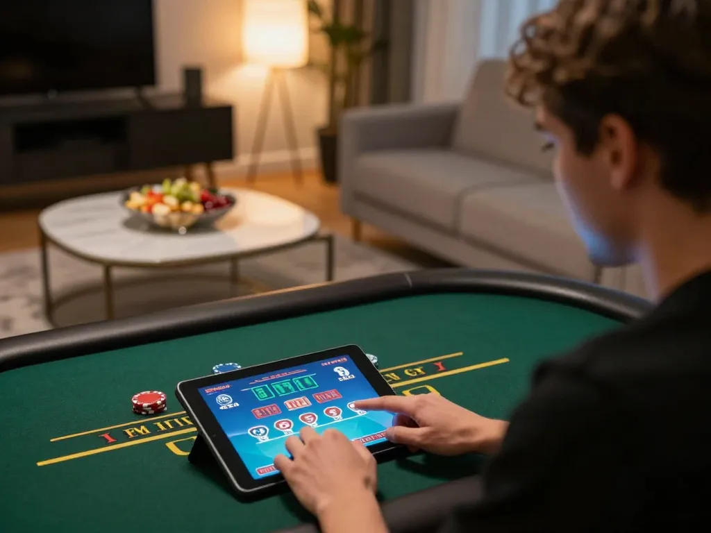 Player engaging with fly88 live dealer game on tablet in cozy modern home setting
