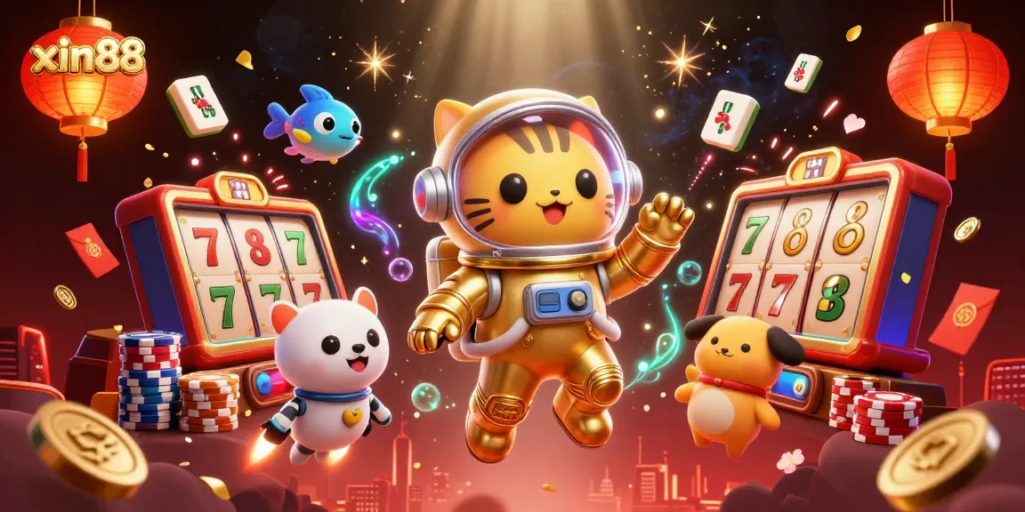 Experience thrilling gaming action with xin88 as a cartoon astronaut cat navigates an exciting galaxy of slots and riches.