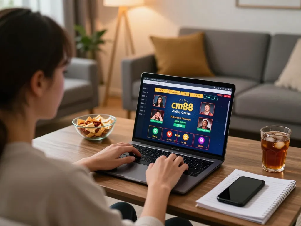 Player enjoying the cm88 online casino on their laptop amidst cozy home decor, showcasing strategic gaming.