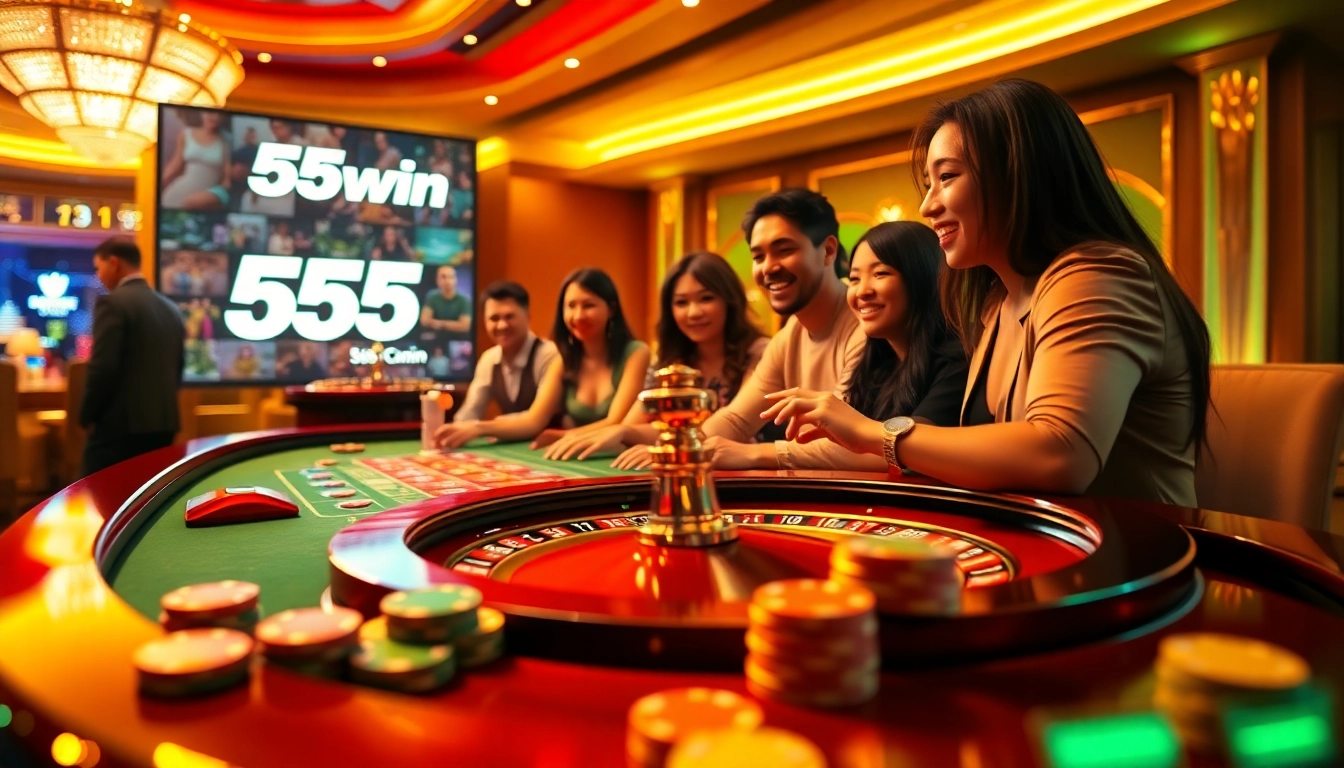 Excited players engaging at a lavish 555win casino table, showcasing vibrant poker chips and roulette.