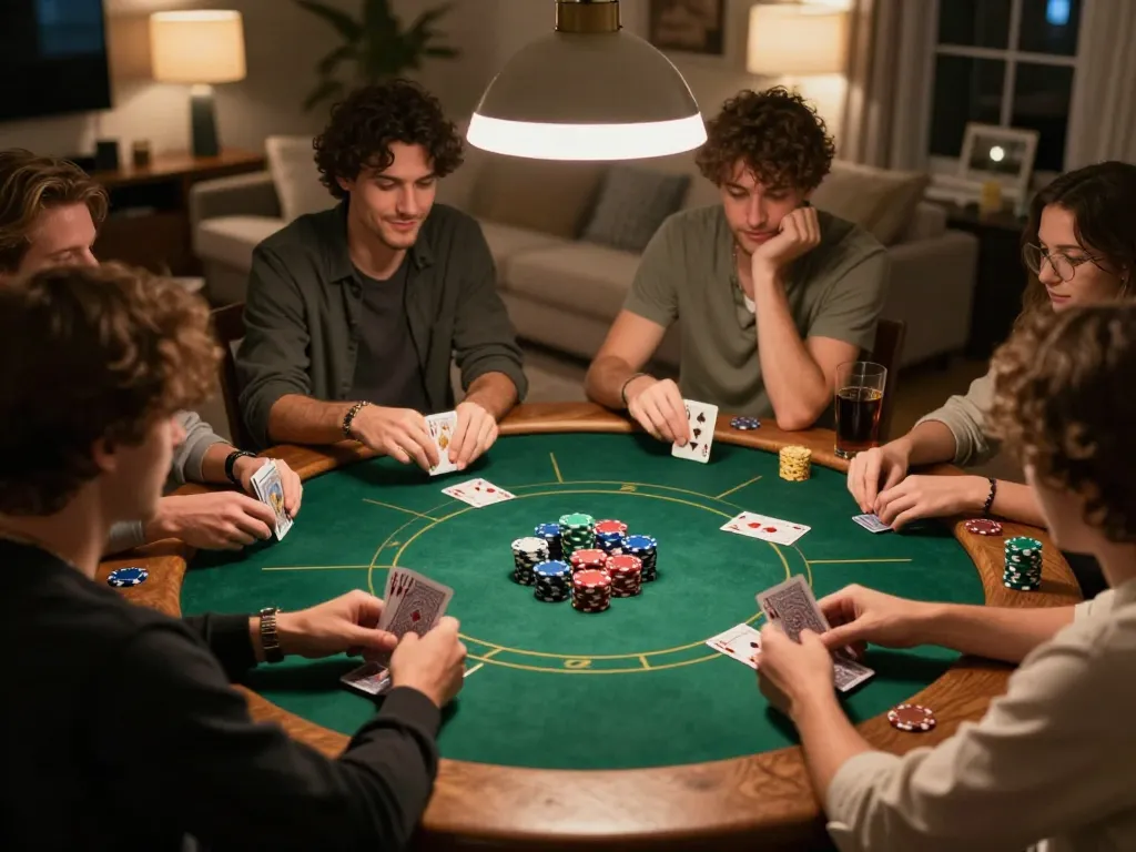 Engaging in Texas Hold'em at home while searching for link vào 32win for online gaming strategies.