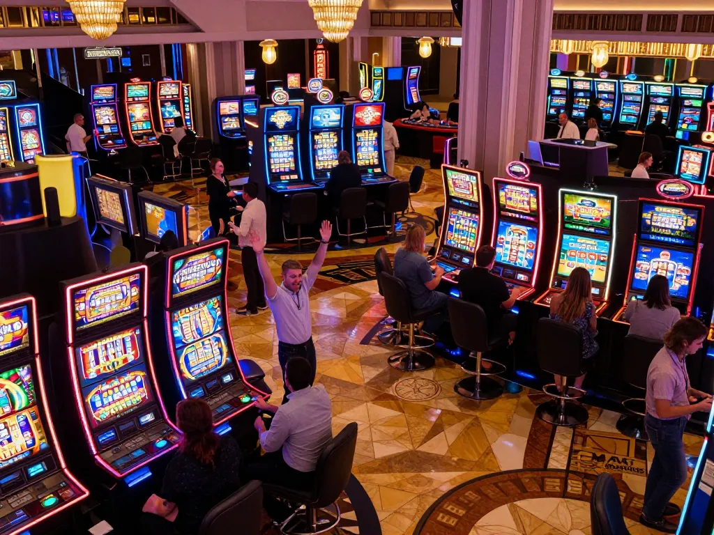 gbong players celebrating a win at a vibrant Las Vegas casino floor with illuminated slot machines