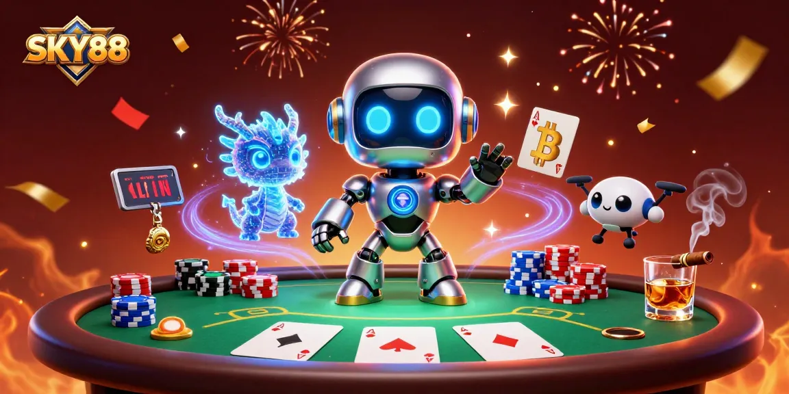Engage in thrilling poker gameplay at SKY88, surrounded by holographic elements and vibrant casino visuals.