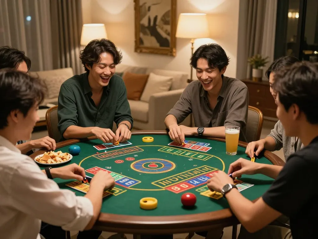 Xóc đĩa game in a friendly gathering, capturing excitement and betting actions.