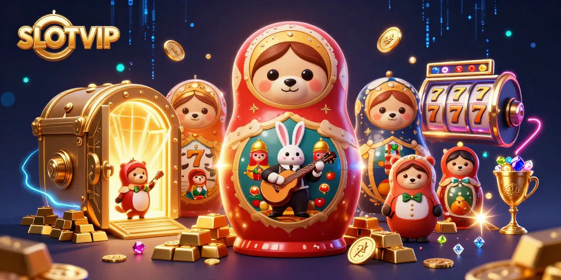 SLOTVIP showcases a vibrant scene with a Matryoshka bear, smaller dealer bears, and casino elements, radiating excitement.