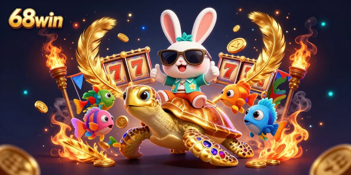 Experience exciting wins at 68win with a lucky rabbit and a golden turtle in a vibrant casino setting.