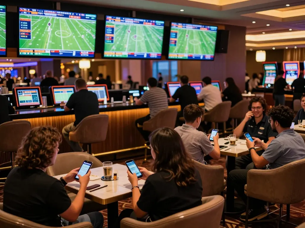Watch ดูบอล live in an upscale sports betting lounge with excited fans analyzing odds and cheering.