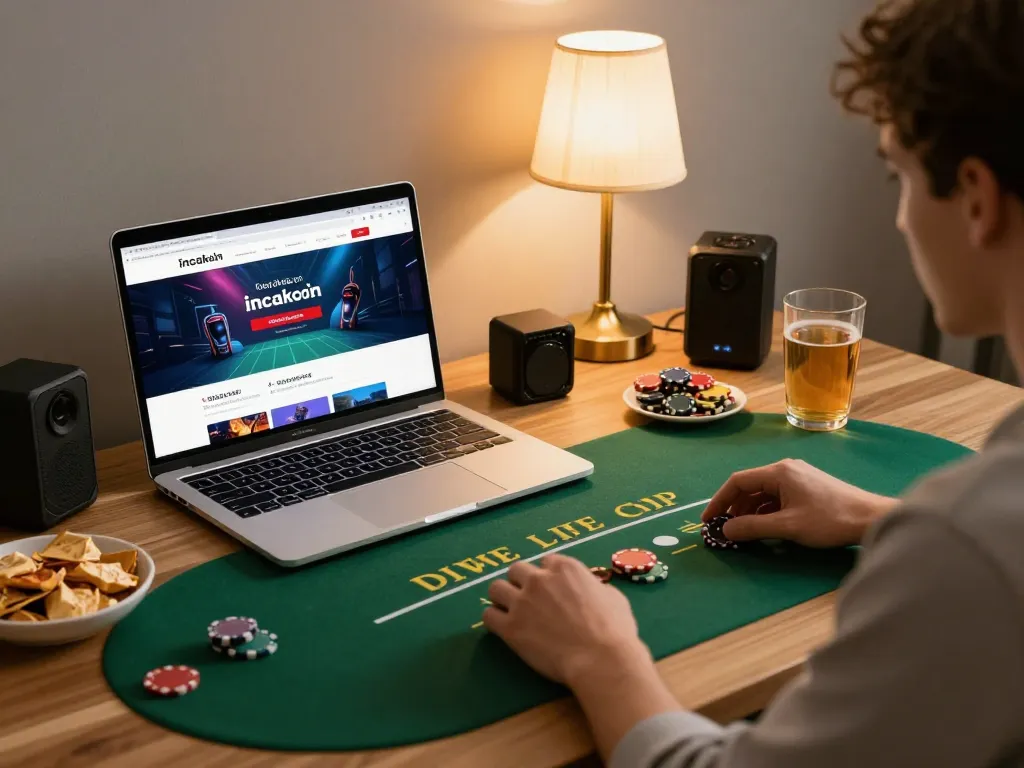 Engaging in online poker on incakoin platform from a stylish home setup, emphasizing strategic gameplay.