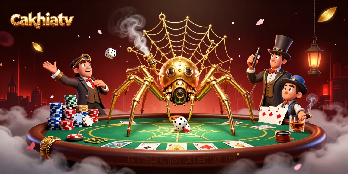 Cakhiatv showcases a steampunk spider webbing poker chips and dice in an engaging casino scene.