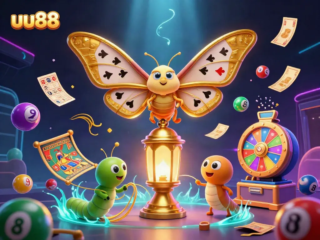 Win big at uu88 with vibrant casino elements featuring a dazzling moth and lively lottery balls.