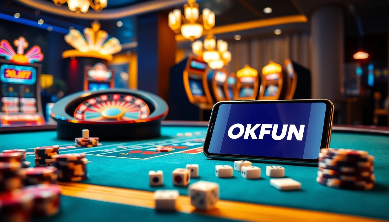 Experience thrilling online gambling with OKFUN, featuring vibrant casino setups and engaging gameplay.