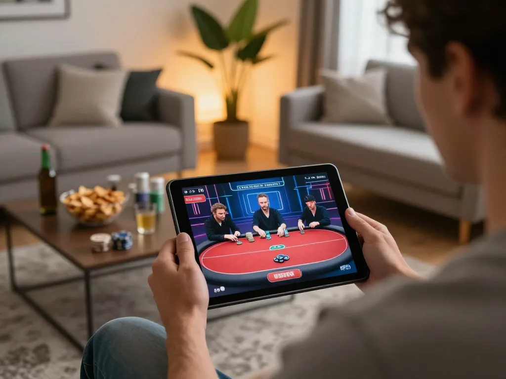 Engaging player enjoying game bài on tablet during a cozy home gaming night
