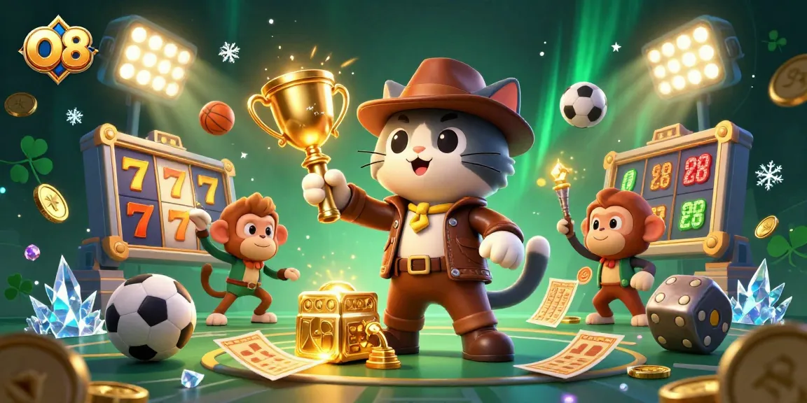 Engage in thrilling casino adventures with O8, featuring dynamic gold coins, spinning slots, and vibrant sports elements.