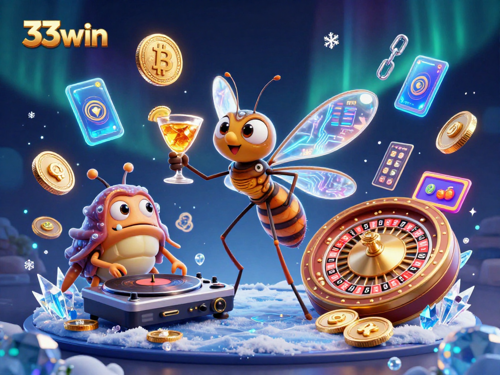 Engage in thrilling casino action with 33win, featuring vibrant characters and crypto elements.