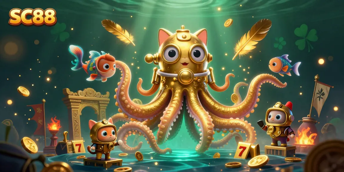 Experience SC88's thrilling casino adventure with a kraken, diving cat, and vibrant game elements.