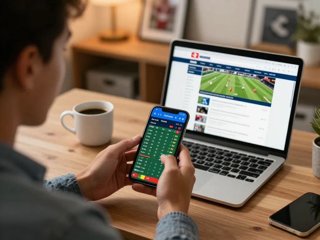 Kết quả bóng đá displayed on a smartphone as a user analyzes live betting odds in a cozy home environment.