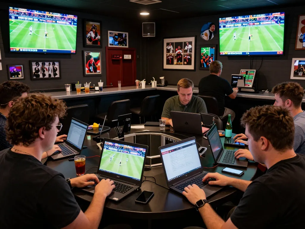Betting enthusiasts engaged with 90phut sports betting screens, lively atmosphere with real-time odds analysis.