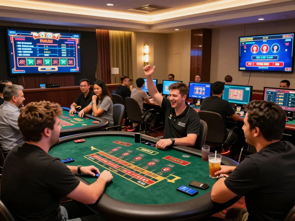 Players enjoying live dealer games at 79king, celebrating wins with excitement in a stylish online casino.