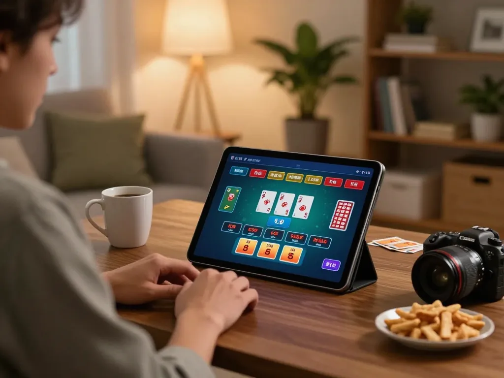 Engaged user at hitclub enjoying live casino games on tablet in a cozy home setting.