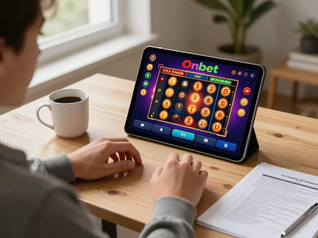 Engaged player enjoying Onbet's slot games on a tablet in a cozy home office setting.