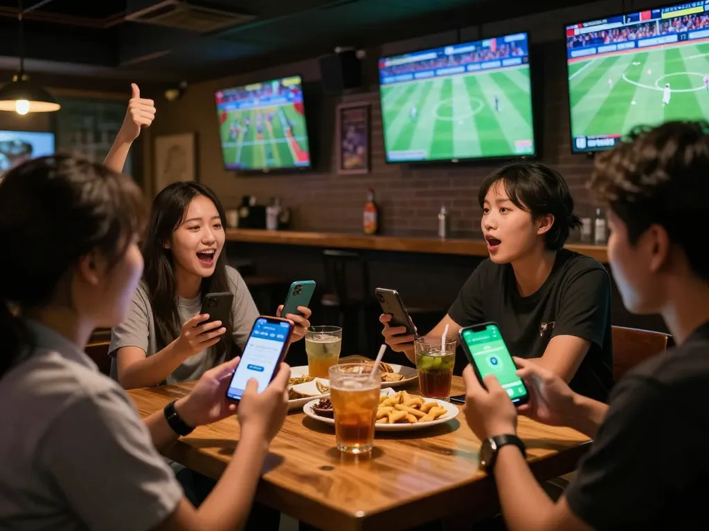 Engaged fans using the Luong Son TV app for live sports betting while watching a match